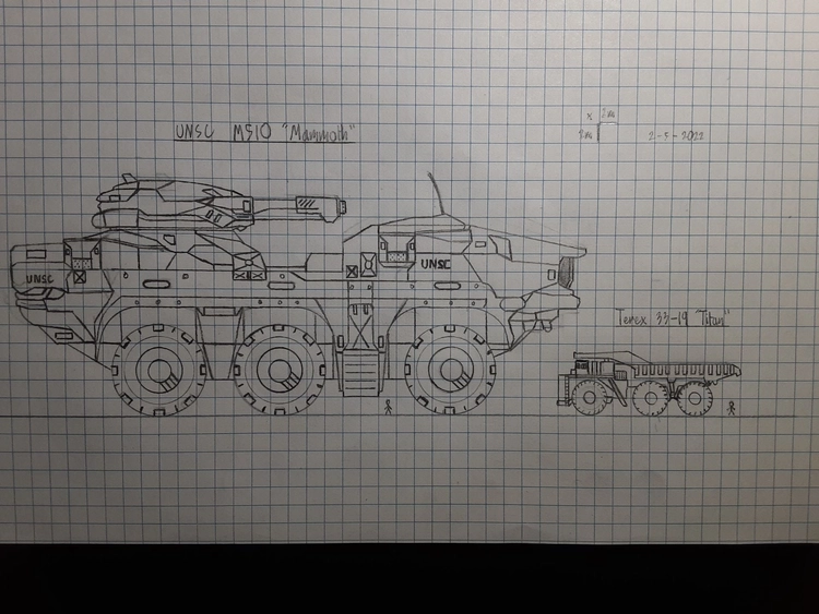 Sketch of a giant, three-axle mobile command center, side-by-side with sketch of a three-axle haul truck.